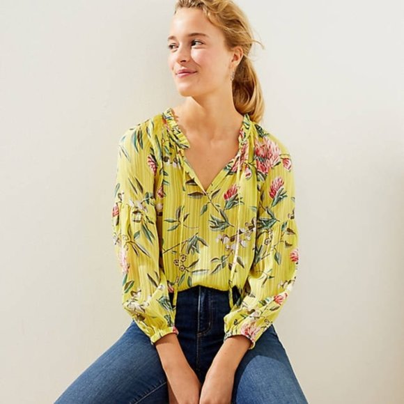 LOFT Tops - LOFT Yellow Floral Pleated Tie Neck Blouse